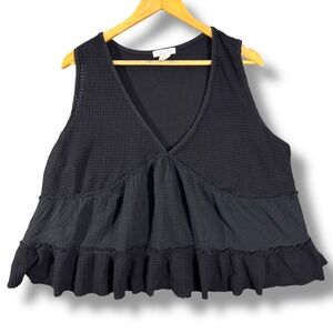 Torrid FESTI Black Waffle Knit Gauze Ruffle Tiered V Neck Tank Top